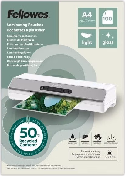 Laminovacia fólia Fellowes A3 80 mic z recyklovaného materiálu (50%), lesklé