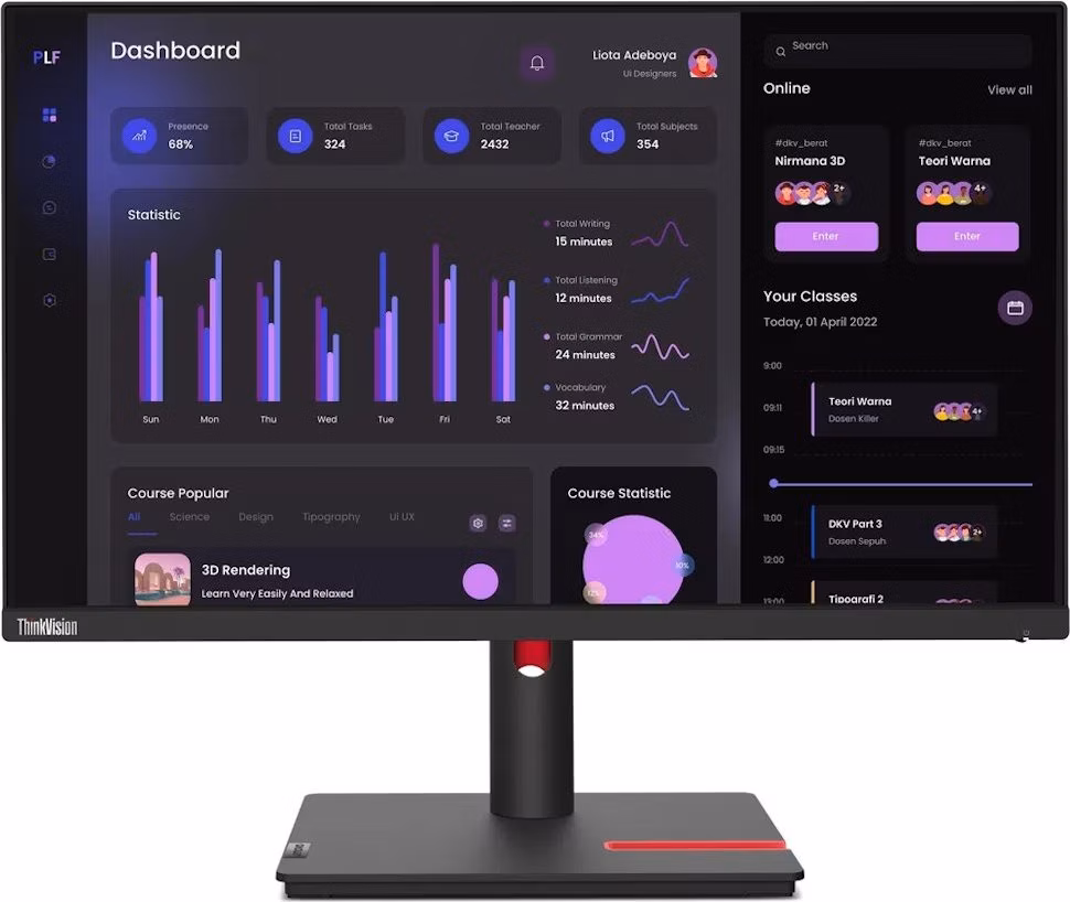 Lenovo T24i-30/ 23,8" IPS/ 1920x1080/ 16:9/ 250cd/m2cmd/ 1000:1 / 4ms/ HDMI/ VGA/ DP/ USB/ VESA/ PIVOT/ černý