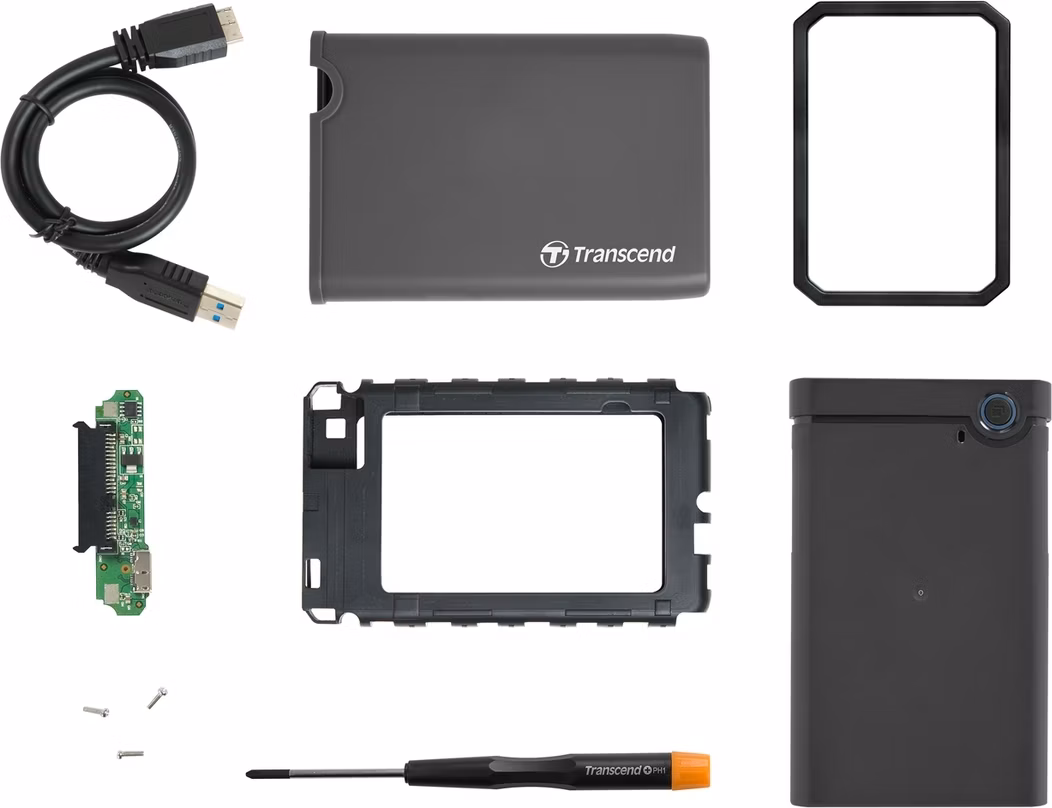 Transcend StoreJet 25CK3 externí rámeček pro 2.5" HDD/SSD, SATA III, USB 3.0, gumové pouzdro, šedý