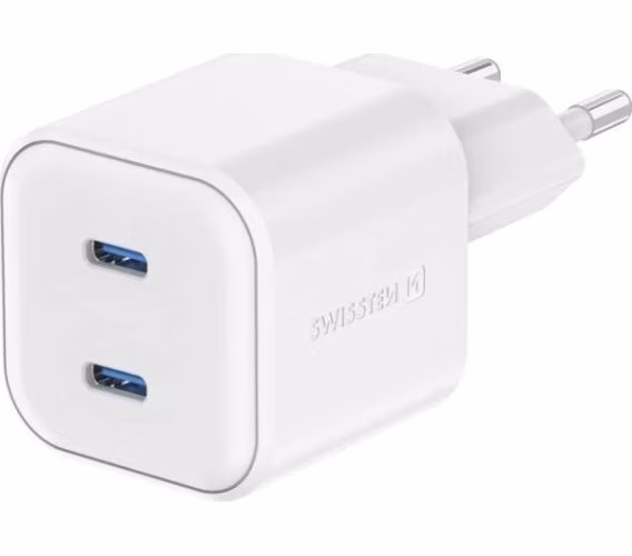 Swissten síťový adaptér gan 2x usb-c 20w power delivery bílý