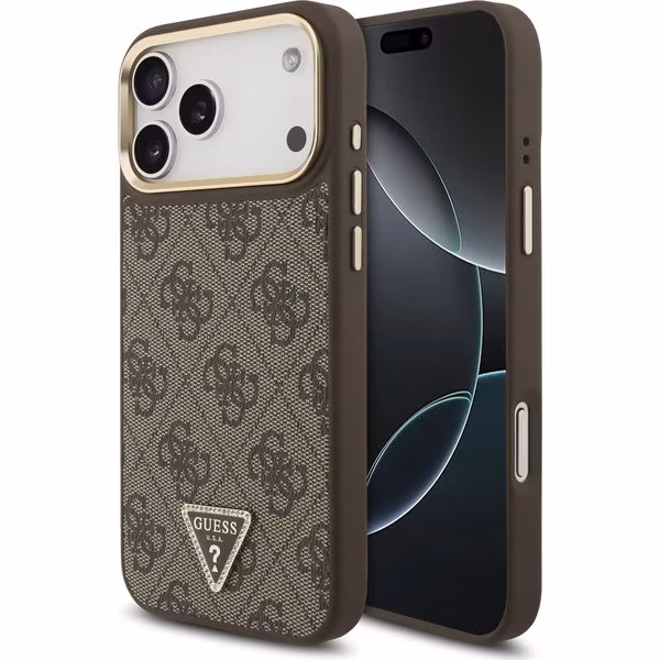 Guess PU Leather 4G Strass Triangle Logo Gold Frame MagSafe kryt iPhone 17 Pro Max hnedý