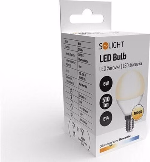 Solight LED žárovka, miniglobe, 6W, E14, 3000K, 510lm, bílé provedení