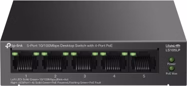 5-Port 10/100 Mbps Desktop Switch with 4-Port PoE PORT: 4× 10/100 Mbps PoE Ports, 1× 10/100 Mbps Non-PoE Port SPEC: 802.