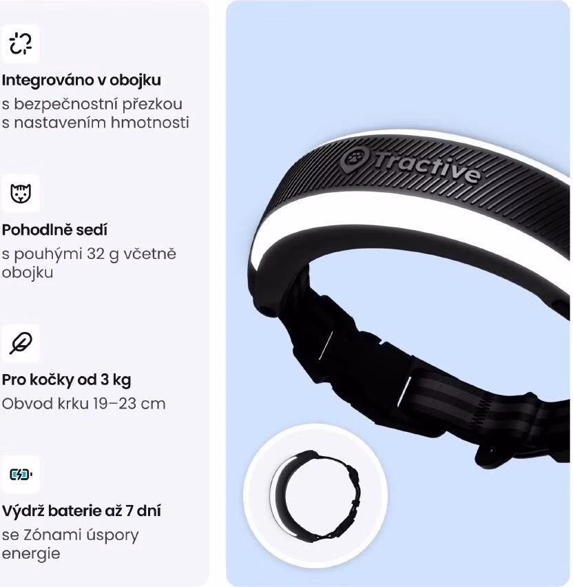Tractive CAT 6 Mini – chytrý GPS lokátor pro kočky a monitor zdraví s integrovaným obojkem - černý