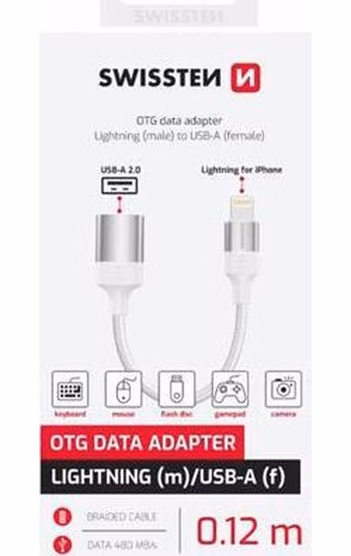 SWISSTEN OTG ADAPTÉR TEXTILE LIGHTNING (samec) / USB-A (samice) 0,12 M BÍLÝ