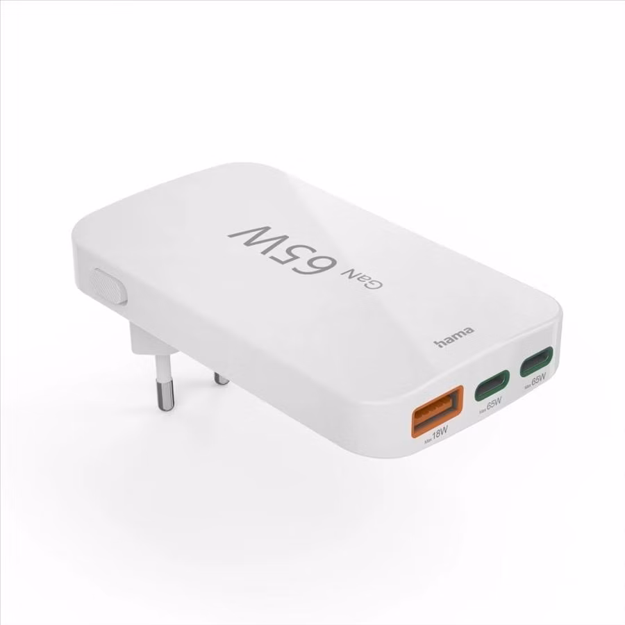 Hama rýchla USB nabíjačka GaN 2x USB-C + USB-A, PD/QC 65 W, plochá, skladacia