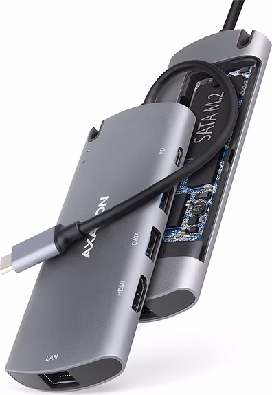 AXAGON HMC-6M2, USB 3.rozbočovač 2 Gen 1, 2x USB-A, HDMI, RJ-45 GLAN, SATA M.2 sloty, PD 100 W, kábel USB-C 18 cm
