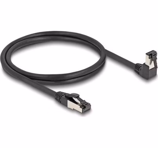 Delock Síťový kabel RJ45 Cat.8.1 S/FTP, zalomený dolů o 90° / přímý, 1 m, černý