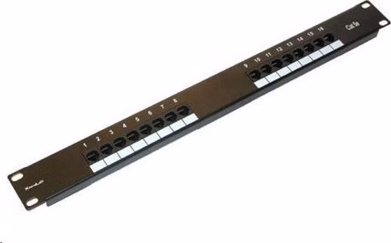 19" Patch panel XtendLan 16portový, UTP, Cat5E, 30µm, dvojitá svorkovnica, čierny