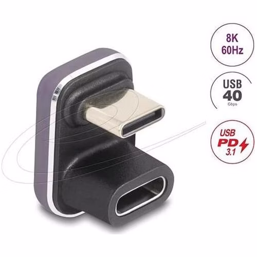 Delock USB-C adaptér 180° úhel 40 Gb/s PD 3.1 240 W samec na samici ve tvaru U 8K 60 Hz kovový