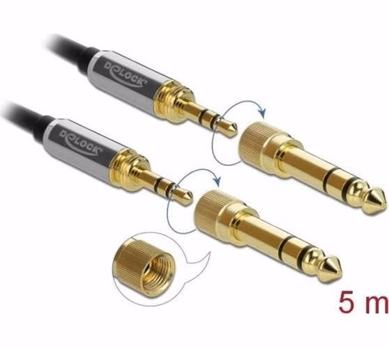 Delock Stereofonní kabel s tríkolíkovou zástrckou 3,5 mm na zástrcku se šroubovacím adaptérem rozmeru 5 m