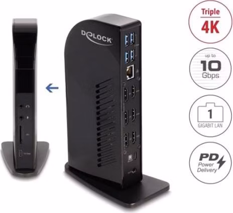 Delock Dokovací stanice na tři displeje USB Type-C™ s rozhraními DisplayLink® 4K / USB Hub / LAN / SD / Audio / PD 96 W