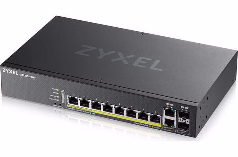 Zyxel GS2220-10HP 10-portový gigabitový PoE manažovaný L2 switch, 8x gigabitový RJ45, 2x gigabitový RJ45/SFP, PoE 180 W