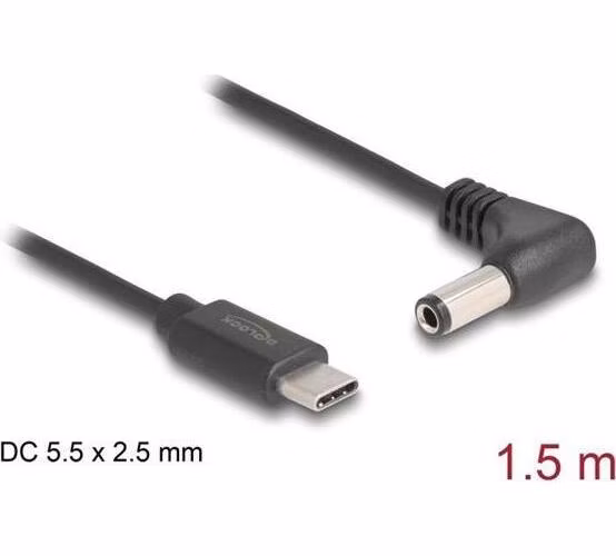 Delock Napájecí kabel z konektoru USB Type-C™ na stejnosměrný konektor 5,5 x 2,5 mm, pravoúhlý, 1,5 m