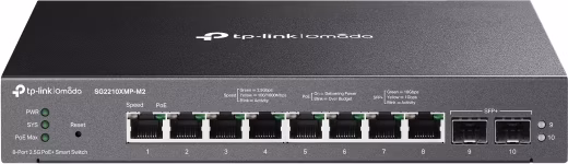 Omada 8-Port 2.5GBASE-T and 2-Port 10GE SFP+ Smart Switch with 8-Port PoE+ PORT: 8× 2.5G PoE+ Ports, 2× 10G SFP+ Slots S