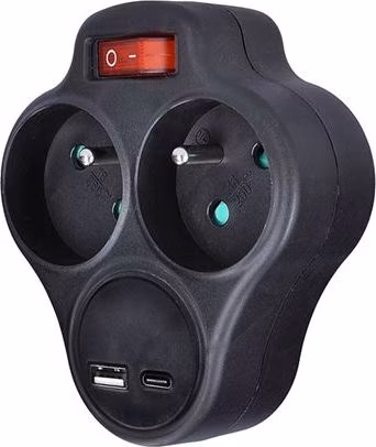Solight rozbočovač s USB A+C rychlonabíjačkou 20W PD, 2 x 10A, čierny, vypínač