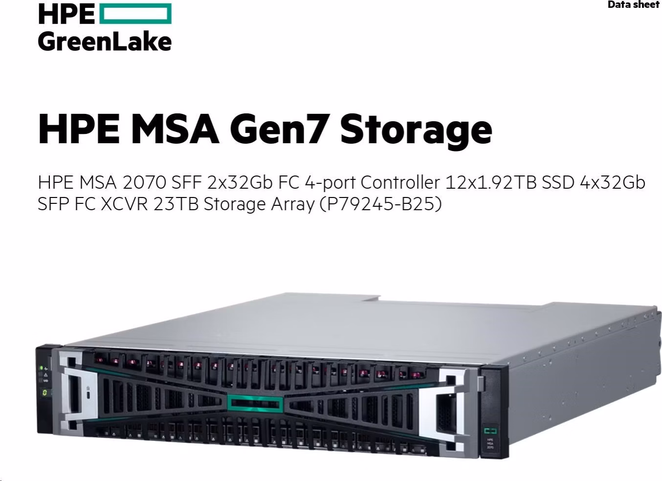HPE MSA 2070 SFF 2x32Gb FC 4-port Controller 12x1.92TB SSD 4x32Gb SFP FC XCVR 23TB Storage Array