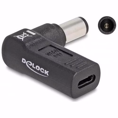 Delock Adaptér na kabel na nabíjení laptopu, ze zásuvky USB Type-C™ na zástrčku HP 7,4 x 5,0 mm, úhlový 90°