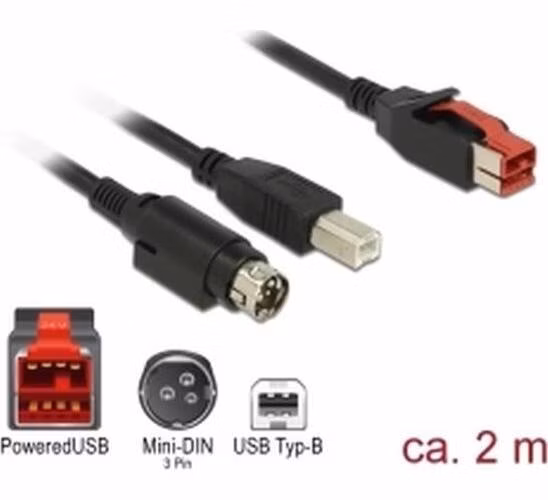 Delock PoweredUSB kabel samec 24 V > USB Typ-B samec + Hosiden Mini-DIN 3 pin samec 2 m pro POS tiskárny a terminály