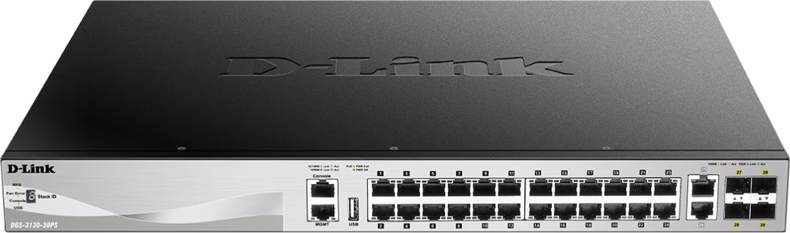 D-Link DGS-3130-30PS L3 Stck. Mng. PoE switch 24x GbE PoE+, 2x 10G RJ-45, 4x 10G SFP+, PoE 370W