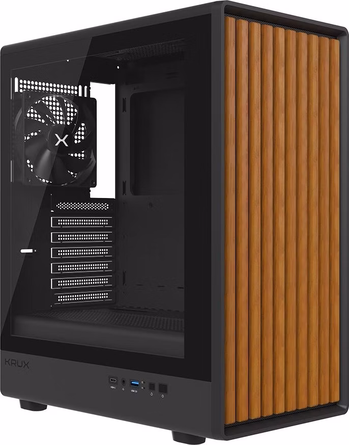 Krux skříň Heliora / ATX / 120mm fan / USB3.0 / USB-C / zaoblená / dřevěný design panelu / černá