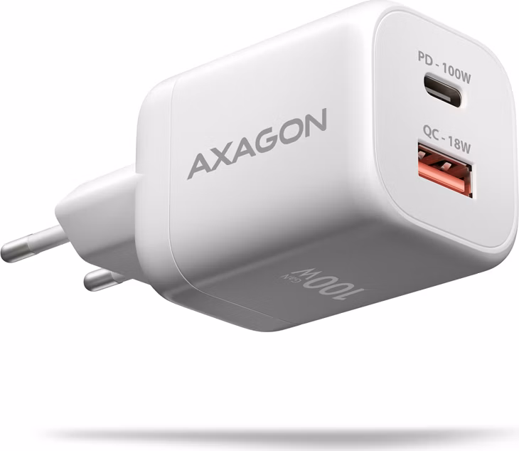 AXAGON ACU-PQ100W, GaN nabíjačka do siete 100W, USB-A+USB-C, PD3.0/PPS/QC4+/SFC2.0/Apple, biela