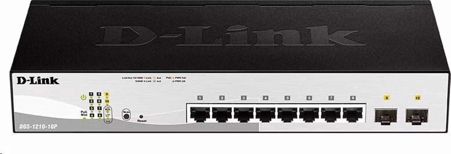 BAZAR - D-Link DGS-1210-10P 10-port Gigabit Smart+ PoE Switch, 8x GbE PoE+, 2x SFP, PoE 65W, fanless - Poškozený obal
