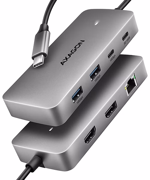 AXAGON HMC-CUB83X2, USB 10Gbps hub, 2x USB-A, USB-C, HDMI &amp; DP 4k/144Hz, RJ-45 GLAN, PD 100W, kábel USB-C 15cm
