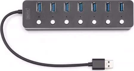 Digitus USB 3.0 rozbočovač, 7 portů, přepínač Hliníkové pouzdro, včetně zdroje 5V/2A