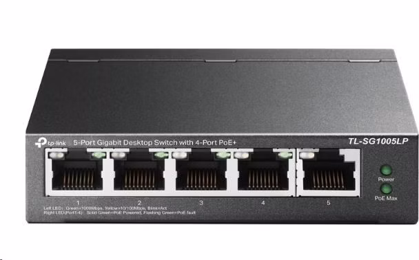 TP-Link switch TL-SG1005LP (5xGbE, 4xPoE+, 40W, fanless)
