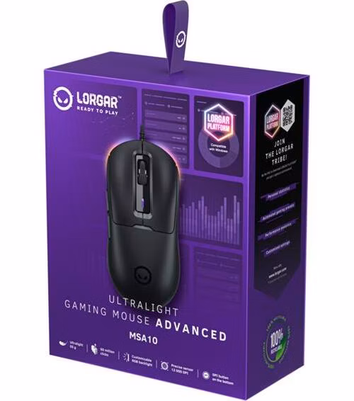 Lorgar MSA10WRBK, herná myš, ultraľahká 55g, 6 prog. tlačidiel, 12 000 dpi, podsvietenie RGB,čierna