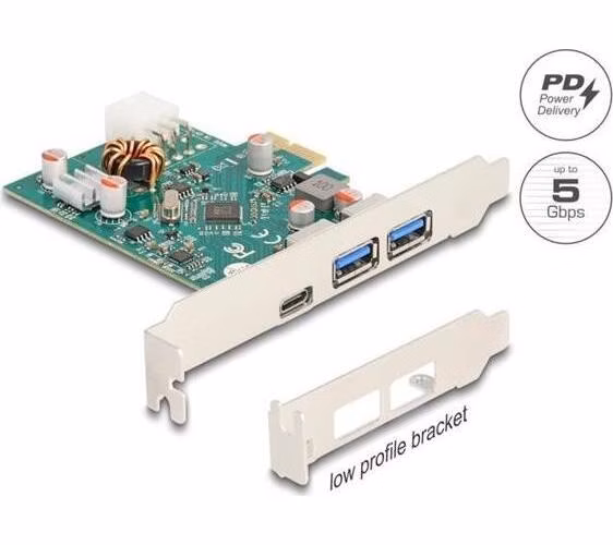 Delock PCI Express x1 karta na 1 x externí zásuvku USB Type-C™, PD, 30 W + 2 x externí zásuvky USB Typ-A, USB 5 Gbps