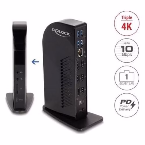 Delock Dokovací stanice na tři displeje USB Type-C™ s rozhraními DisplayLink® 4K / USB Hub / LAN / SD / Audio / PD 96 W
