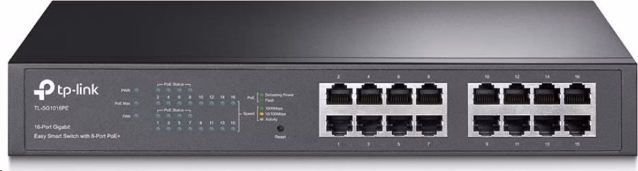 16-Port Gigabit Easy Smart Switch with 8-Port PoE+ PORT: 8× Gigabit PoE+ Ports, 8× Gigabit Non-PoE Ports SPEC: 802.3at/a