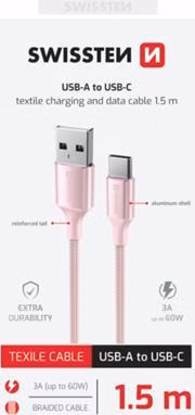 SWISSTEN DATOVÝ KABEL TEXTILE II USB / USB-C 1,5 M RŮŽOVÝ