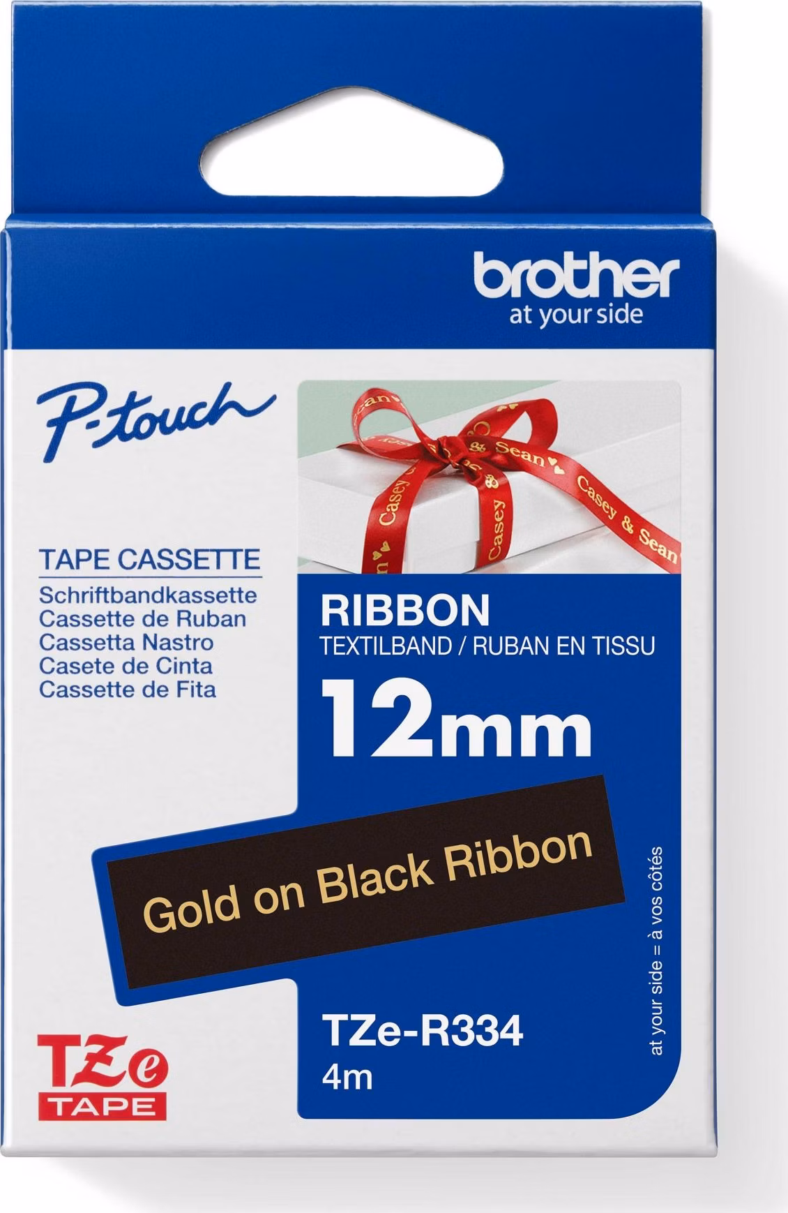 Brother TZE-R334 zlatá na černé, 12 mm, textilní páska