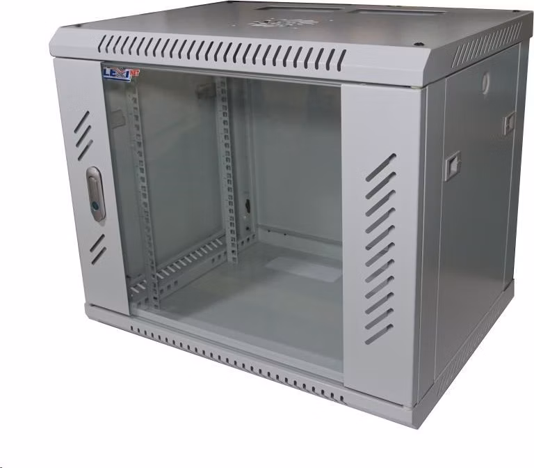 19" nástenný 9U rack LEXI, šírka 600 mm, hĺbka 450 mm, sklenené dvere, nosnosť 60 kg, dodávaný v rozloženom stave, sivá farba