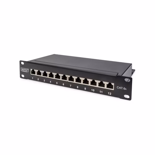 DIGITUS CAT 6A Patch Panel, stíněný, 12-portové pole se štítkem, 1U, 10 "montáž do stojanu, černá RAL 9005