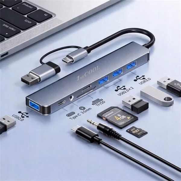 1stCOOL hliníkový USB HUB 8 in 2, USB-C/USB-A - USB3.0, USB-C, čítačka kariet, audio