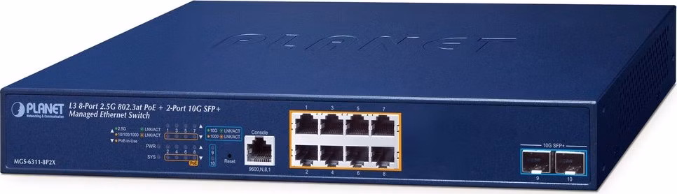 Planet MGS-6311-8P2X L3 switch, 8x2.5Gb, 2x10Gb SFP+, 8x PoE 802.3at 150W, 0~50°C , QoS
