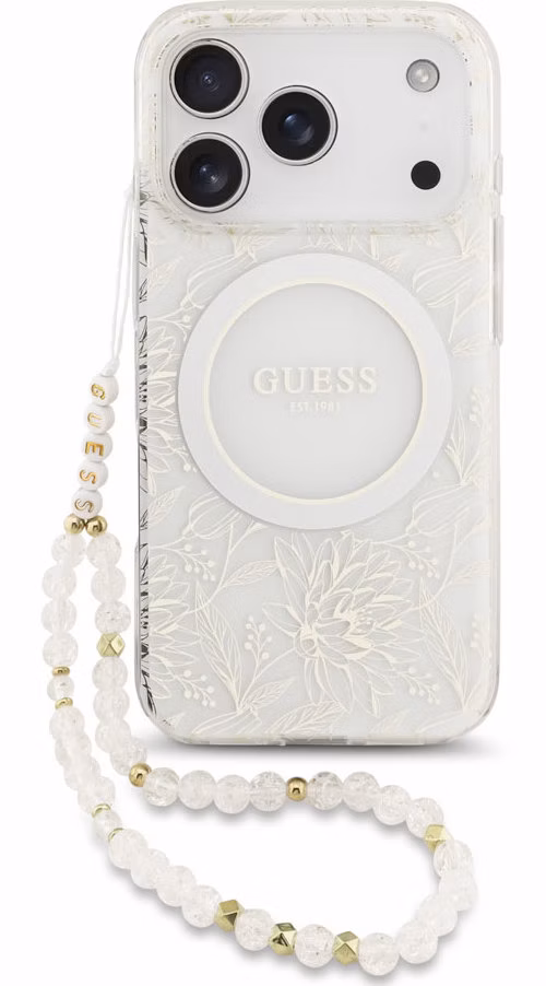 Guess IML Flowers Allover Strap MagSafe kryt iPhone 18 Pro biely