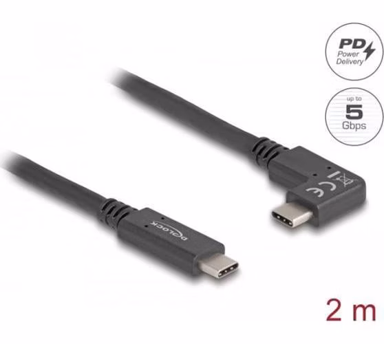 Delock Kabel USB 5 Gbps, ze zástrčky USB Type-C™ na zástrčky USB Type-C™, pravoúhlý levý / pravý 2 m 4K PD 60 W