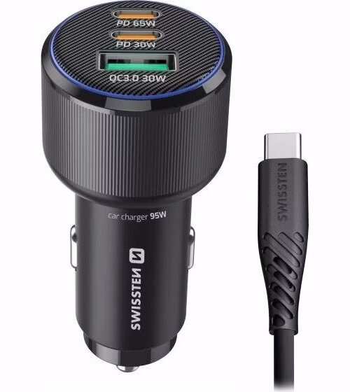 SWISSTEN CL ADAPTÉR 2x USB-C PD + USB-A, 95W ČERNÝ + KABEL USB-C / USB-C, 1 M
