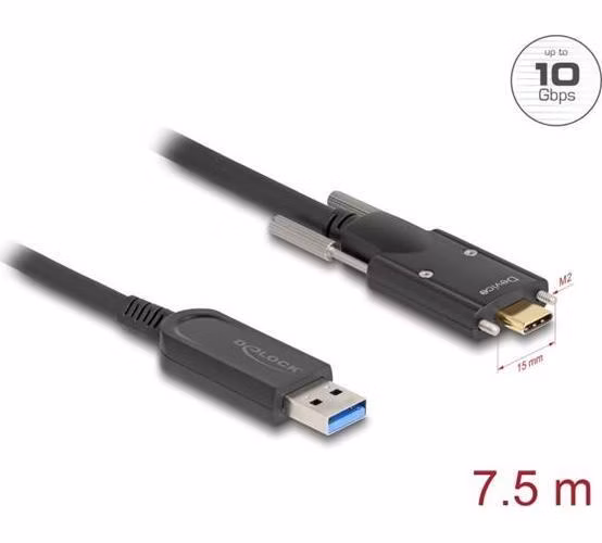 Delock Aktivní optický kabel USB 10 Gbps-A samec na USB Type-C™ samec se šrouby po stranách 7,5 m