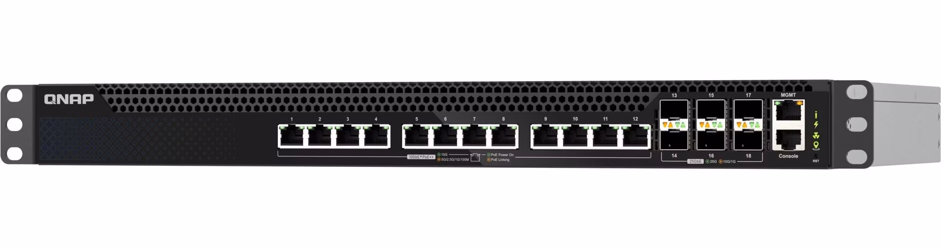 QNAP riadený switch QSW-M5218P-6F12T (6x 25GbE SFP28 port, 12x 10GbE PoE RJ45 port, L3)