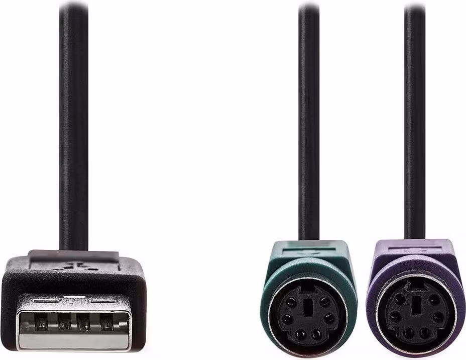 NEDIS USB 2.0 kabel 2v1/ zástrčka USB-A/ 2x zásuvka PS/2/ 480 Mbps/ poniklovaný/ kulatý/ PVC/ černý/ blistr/ 30 cm