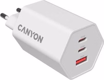 Canyon Hexagon 65, vysokorýchlostná univerzálna nabíjačka do steny, 65W, 2x USB-C + 1x USB-A, biela