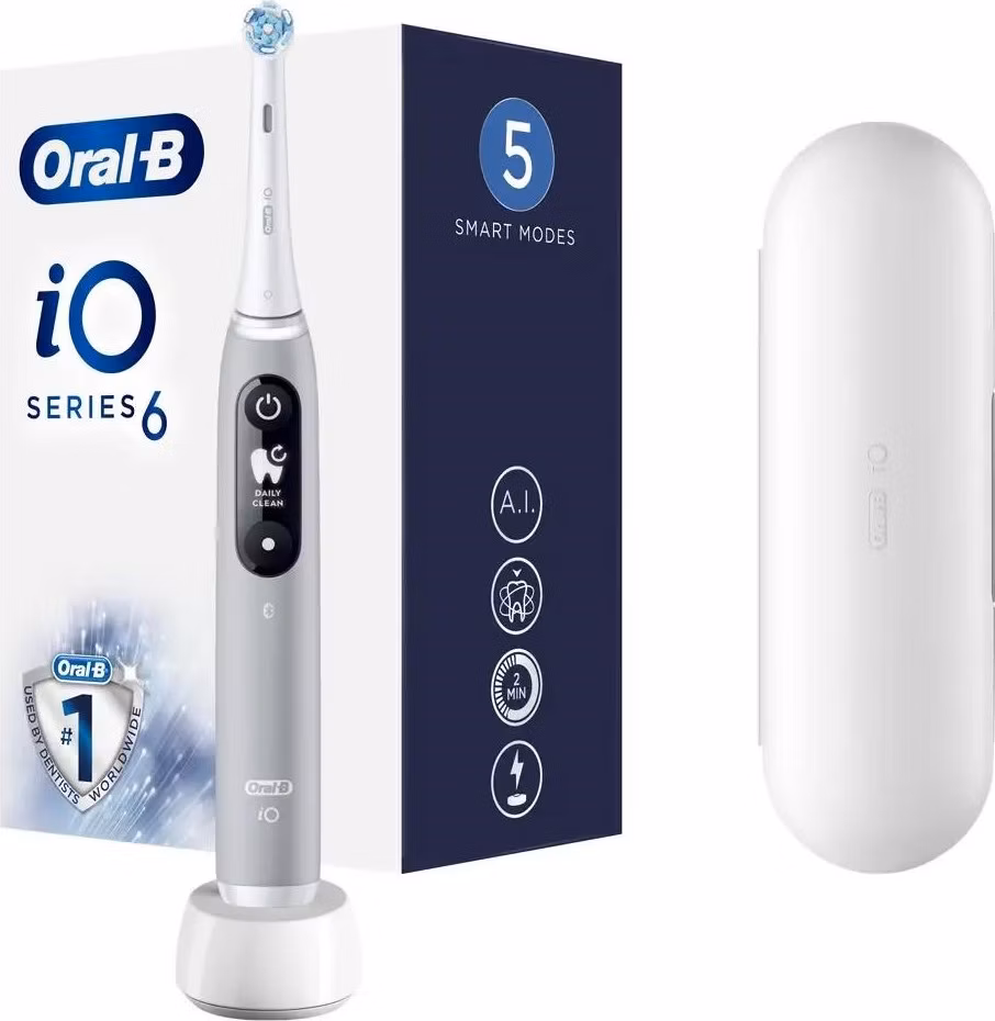 Oral-B iO Series 6 Grey Opal elektrický zubní kartáček, magnetický, 5 režimů, tlakový senzor, AI, pouzdro