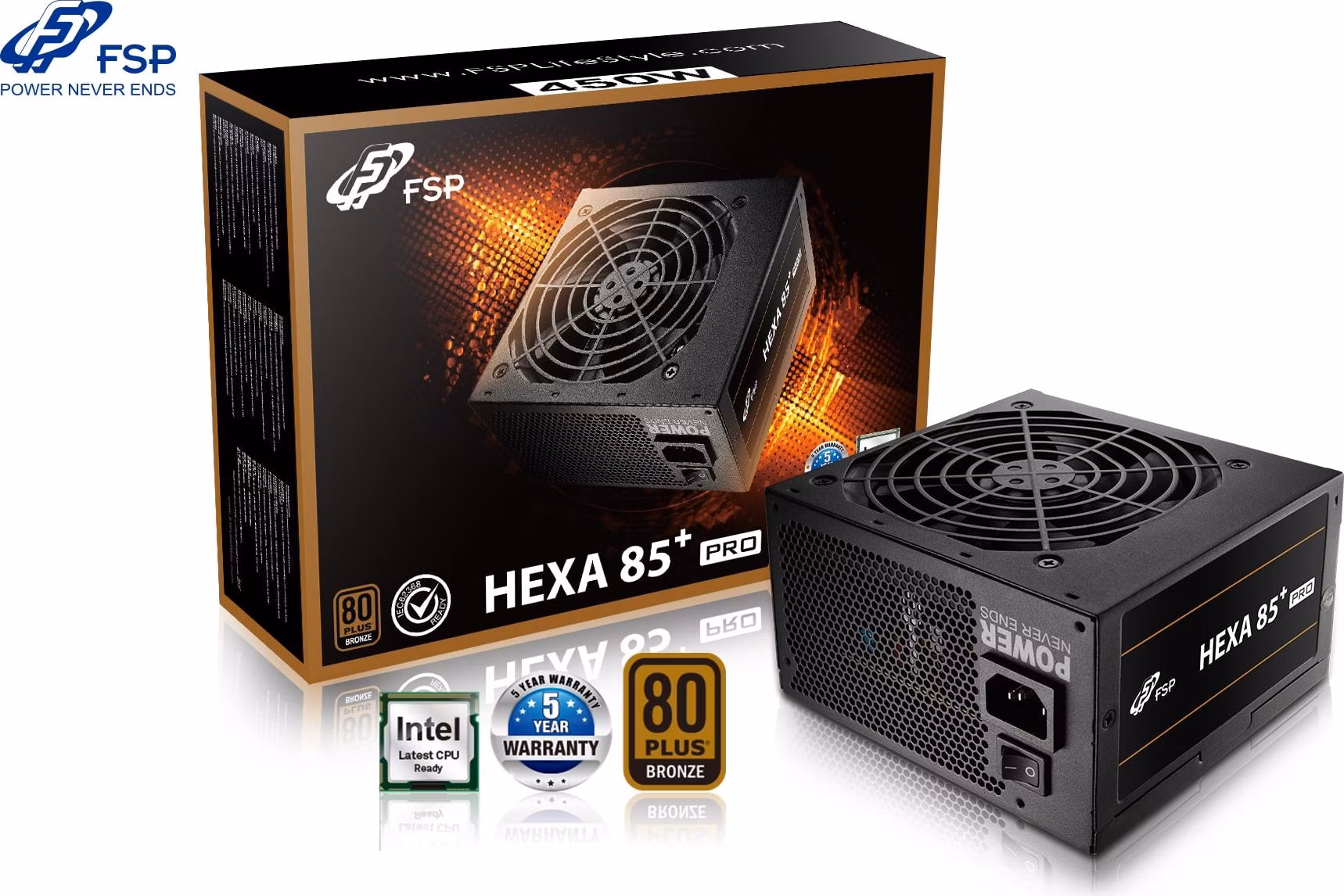 Napájací zdroj Fortron 450W HEXA 85+ PRO 450, plný rozsah, ATX, Bronze, DC/DC