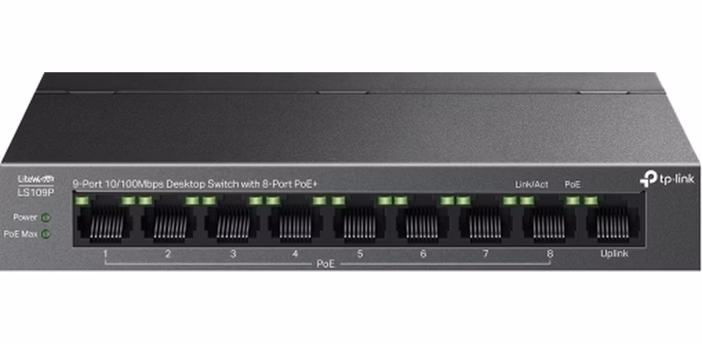 9-Port 10/100 Mbps Desktop Switch with 8-Port PoE+ PORT: 8× 10/100 Mbps PoE+ Ports, 1× 10/100 Mbps Non-PoE Port SPEC: 80